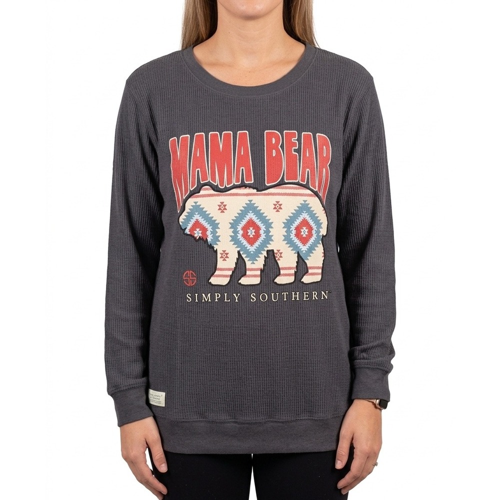 NWT Simply Southern Mama Bear Waffle Knit Thermal Long Sleeve Shirt Gray XL NWT